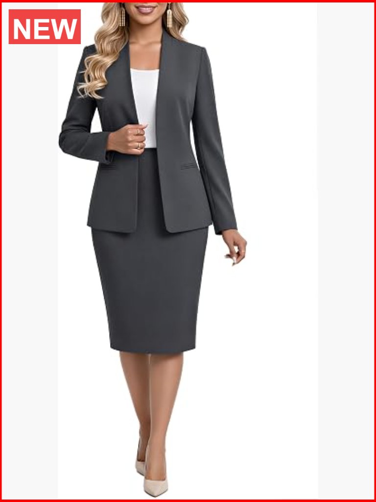 Women's 2 Piece Business Suit Skirt Set Collarless Blazer Jacket & Pencil Skirt